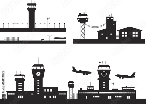 Fotografía Airport skyline silhouette set with control towers, airplanes and terminal build