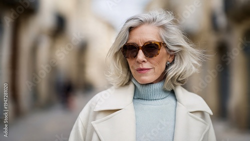 A mature woman wearing sunglasses and a stylish outfit in an urban setting
