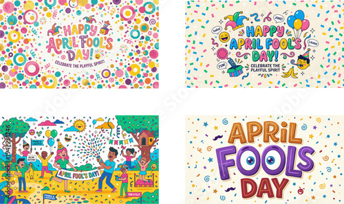 april fools day banner set with colorful confetti playful typography and festive decorations for party celebration greeting card vector illustration collection
