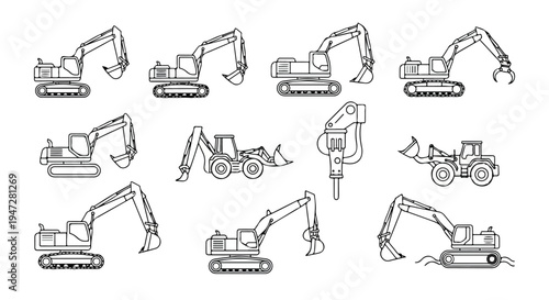 Collection of various excavator illustrations in different poses on a white background with line art style.