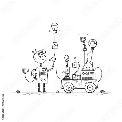 Robot Holding Light Bulb Next to Machine with Various Gadgets