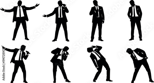 Black silhouette singer or speaker with microphone, expressive performance poses, dynamic stage figures, artistic entertainment illustration vector design