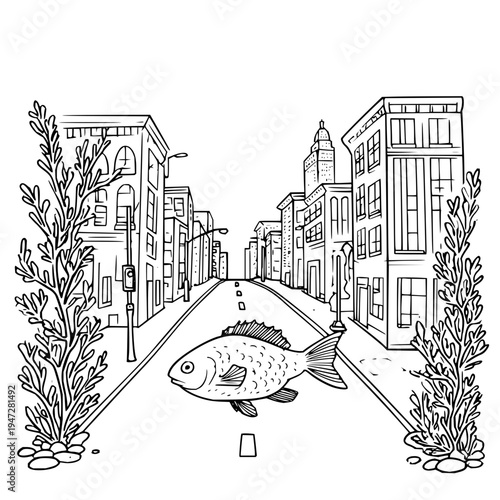 Fish Swimming on City Street with Buildings and Plants
