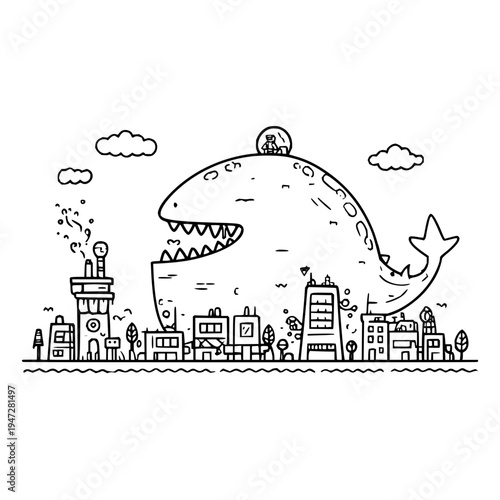 Giant Shark Destroying Cityscape in Black and White Cartoon Style