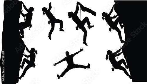 Silhouette vector illustration of rock climbers in dynamic poses, vertical cliff climbing, suspended movement, reaching ropes, adventure sport, strength and balance concept