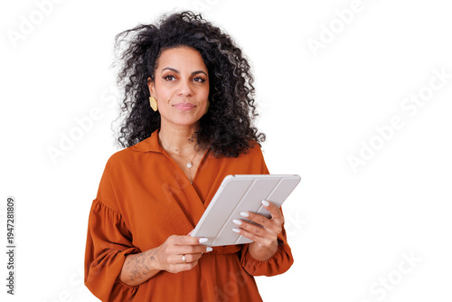 Woman holding tablet, thinking, displaying digital technology, innovation, and business strategy on transparent background
