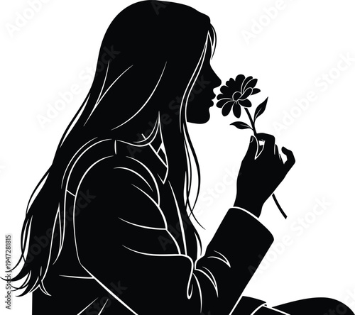 Silhouette woman sitting with flower, smelling blossom, contemplative pose vector art, minimalist black design, peaceful nature moment illustration