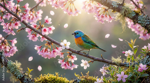 Dreamy spring nature wallpaper showcasing vibrant bird resting on floral branch with sunlight reflections and serene seasonal composition