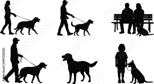Silhouetted people walking dogs on leash, sitting with pets, child holding leash, companionship, interaction, outdoor activity, animal friendship vector illustration