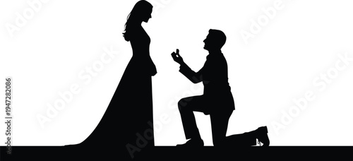   
Marriage proposal silhouettes illustration, romantic gesture vector art, love commitment concept, couple relationship design, engagement moment representation