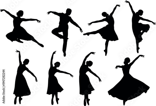 Silhouettes of ballet dancers in graceful poses, elegant vector illustration showcasing expressive movements, classical dance artwork for creative design