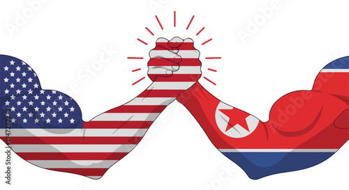 Illustration of clasped fists symbolizing unity between the United States and North Korea against a white background with bold graphic design.