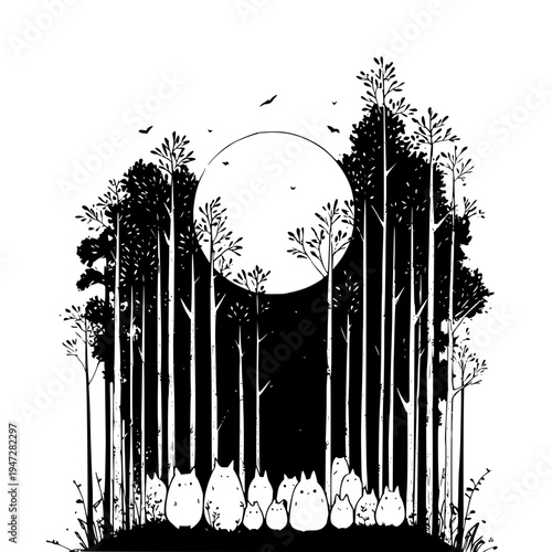 Black and White Forest with Ghostly Figures under Full Moon
