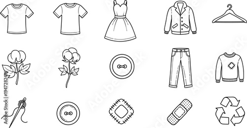 Collection of clothing and sewing icons with a focus on natural materials and recycling