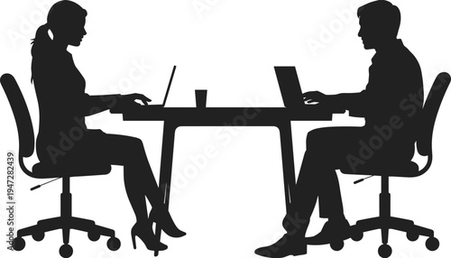 office coworkers working on laptops silhouette, business colleagues at desk, modern workplace teamwork concept, corporate office vector illustration