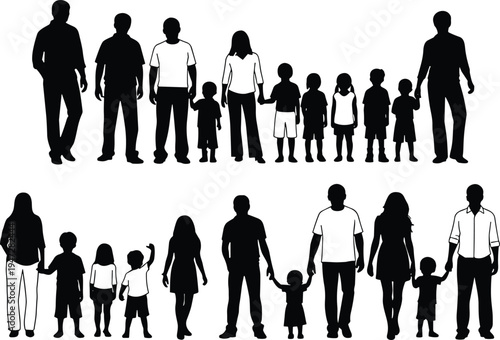 Silhouette illustration of family groups with adults and children holding hands, diverse generational composition vector art design concept