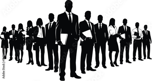 Vector illustration of silhouetted business professionals in formal attire symbolizing teamwork, leadership, identity, diversity, culture, tradition, inclusivity, heritage, and education