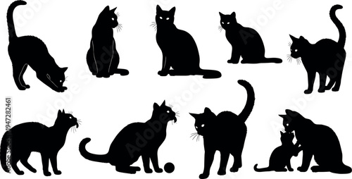  Silhouettes of cats in varied poses, sitting, standing, playing and interacting, vector illustration showcasing feline behavior, decorative artwork for design themes