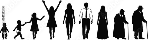 Silhouette illustration of human life stages from infancy to old age, aging progression vector art design concept for stock content