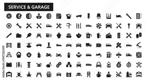 A collection of service and garage icons in black silhouette on a white background, depicting various tools, vehicles, and repair services.