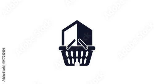 Shopping basket and store building outline logo, isolated white background.