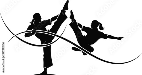 Martial arts silhouettes performing high kicks, dynamic motion lines, discipline and agility, sports illustration design representing strength and energy