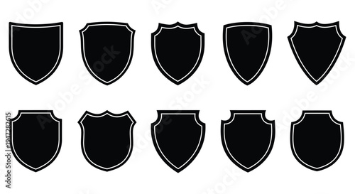 A set of black shield icons on a white background, representing security, protection, and safety concepts.
