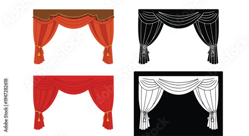Four different colored curtain designs with tassels on a white and black background.