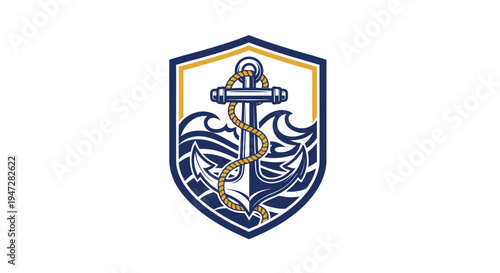 Nautical shield with anchor and waves logo, isolated white background.
