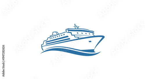 Blue cruise ship with waves travel logo, isolated white background.
