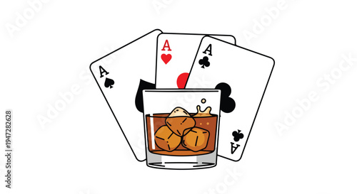 Illustration of three aces playing cards fanned out behind a rocks glass with whiskey on a white background.