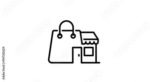 Modern shopping bag and storefront icon line art, isolated white background.