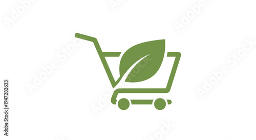 Green shopping cart with leaf eco-friendly logo, isolated white background.