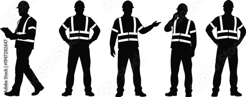 Silhouettes of construction workers wearing safety vests, hard hats, holding clipboard, gesturing, talking, workplace safety vector illustration for design projects