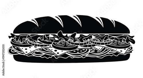 A detailed black and white vector illustration of a sandwich with layered ingredients on a clean white background.
