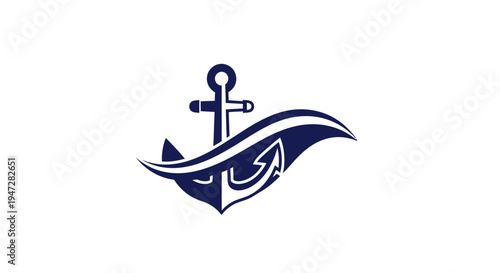 Anchor and wave nautical design logo, isolated white background.