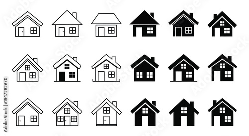 A collection of 15 different house icons in black, white, and gray, showcasing various architectural styles and line art techniques, perfect for real estate or design projects.