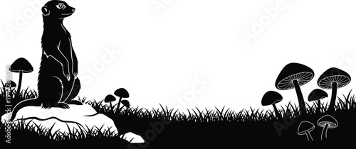 Meerkat silhouette standing on rock with grass and mushrooms, wildlife nature illustration, animal behavior design, artistic vector art