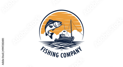 Vintage Fishing Company Logo with Jumping Fish, Fishing Boat, and Sunset on Isolated White Background