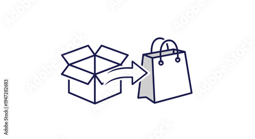 Outline Open Cardboard Box with Arrow and Shopping Bag Icon Symbolizing Delivery or Return on Isolated White Background