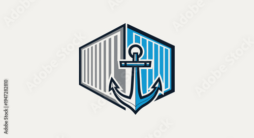 Shipping container with anchor symbol for marine logistics and delivery.