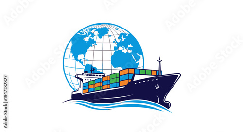 Global cargo shipping container ship sailing with world map on isolated white background.