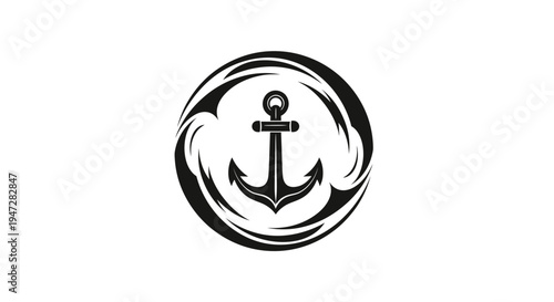 Strong Anchor in Circle with Stylized Waves Logo Design on Isolated White Background