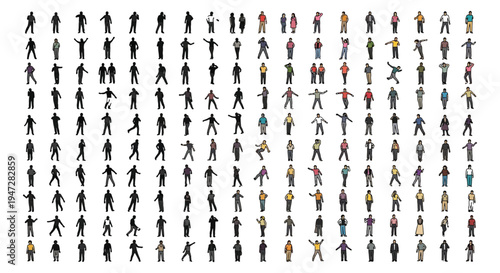 A large collection of people silhouettes in different poses and colors on a clean white background, ideal for illustrating diversity, crowd scenes, or human interaction in designs.