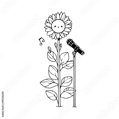 Smiling Sunflower Singing into Microphone with Music Notes