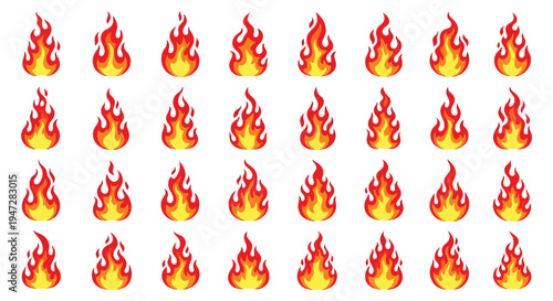 A collection of vibrant red and yellow flame icons arranged in rows on a clean white background, perfect for use in designs requiring fire or heat themes.