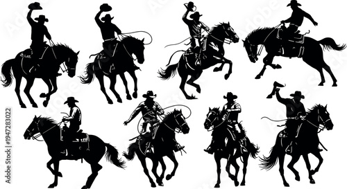 Silhouettes of cowboys riding horses with lassos and hats, dynamic vector illustration showcasing western culture, adventure, skill and American frontier artwork