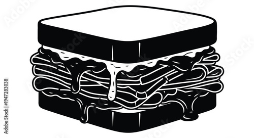 A mouth-watering illustration of a stacked sandwich with melted cheese oozing out, set against a clean white background, perfect for food-related projects