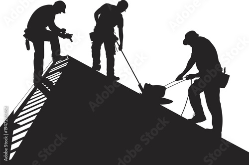 roofing workers silhouette, construction team repairing roof, roofer using tools, building maintenance workers, industrial labor vector illustration