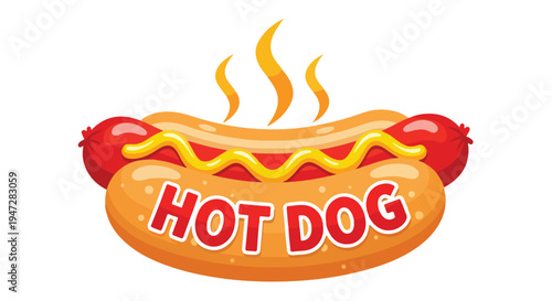 Graphic illustration of a steaming hot dog with condiments on a white background.